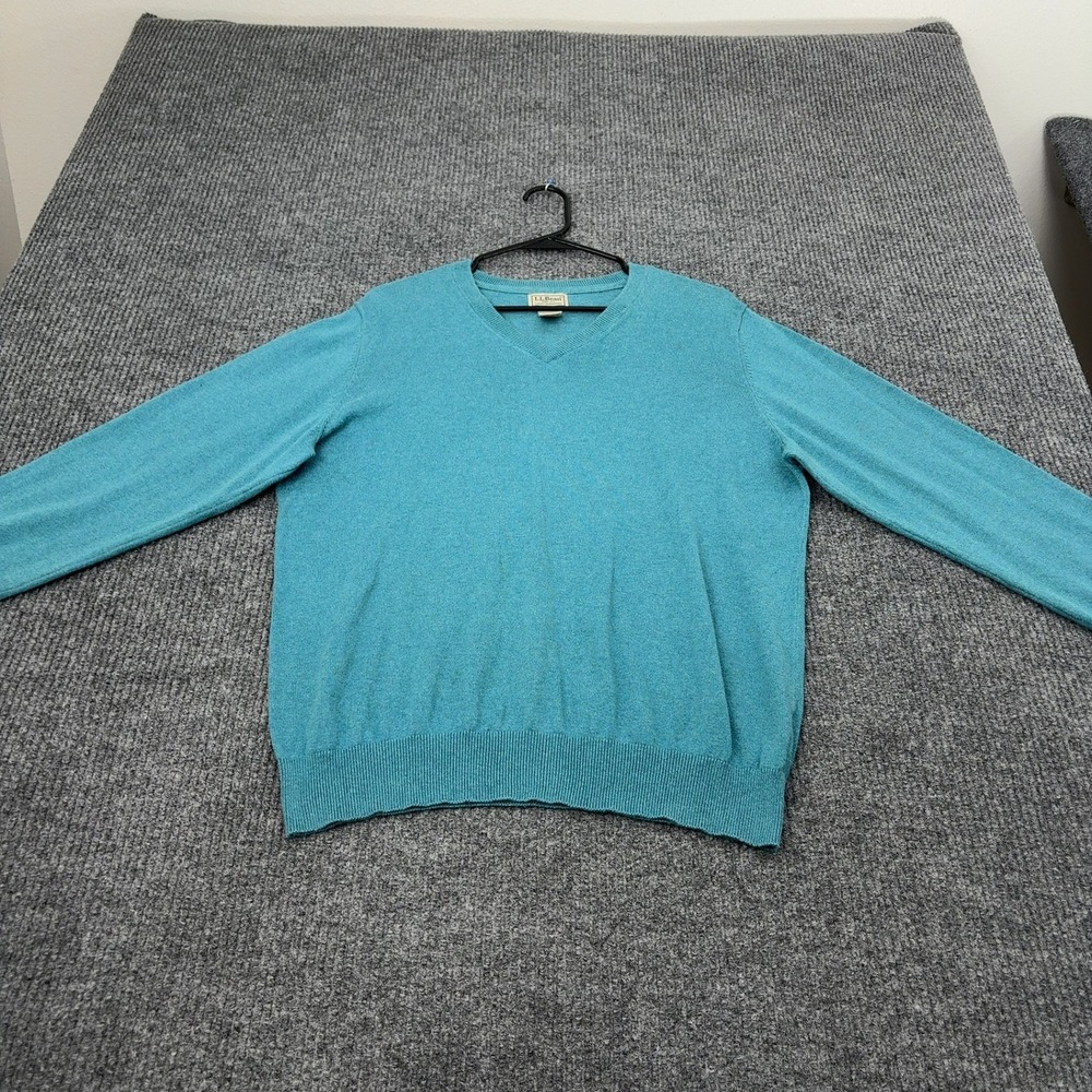 LL Bean‎ Sweater Mens M Teal Cotton Cashmere V Neck Classic Casual Style